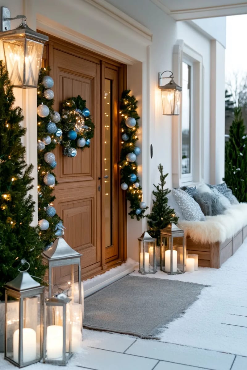 29 Festive Christmas Door Decor Ideas for a Magical Entry 62 monochrome blue and silver bauble garland with star-shaped fairy lights 1