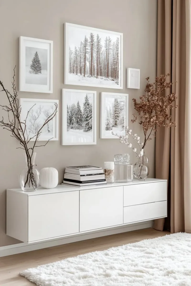 25 New Gorgeous White Christmas Decor Ideas That Wow 33 monochrome gallery wall with snowy forest prints and white frames 1