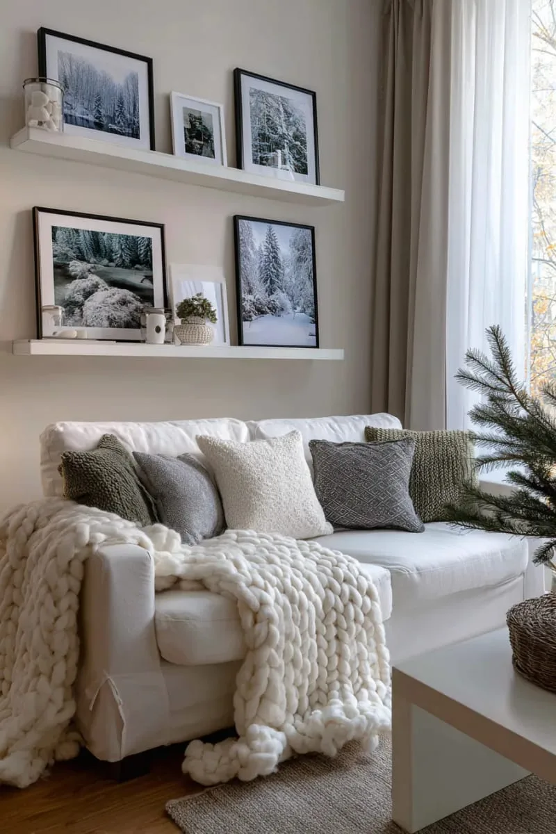 25 New Gorgeous White Christmas Decor Ideas That Wow 34 monochrome gallery wall with snowy forest prints and white frames 1