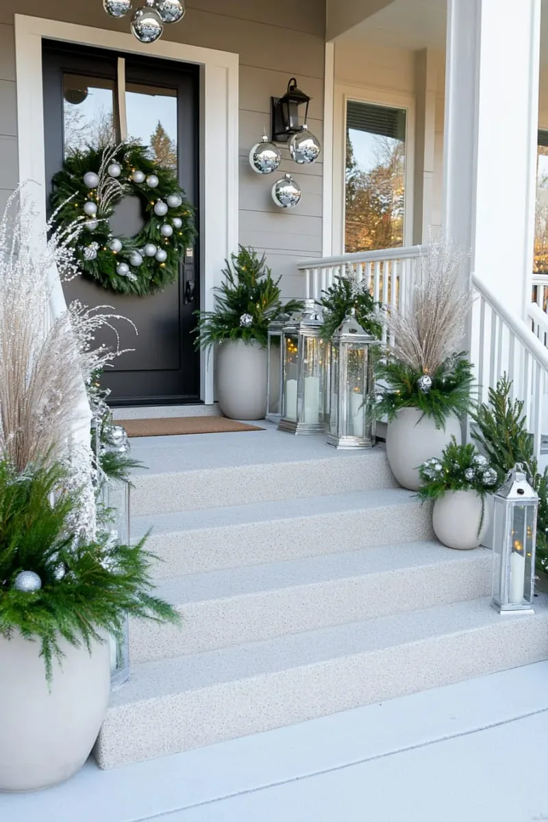 monochrome white porch lights mixed with silver ornaments and wreath 1