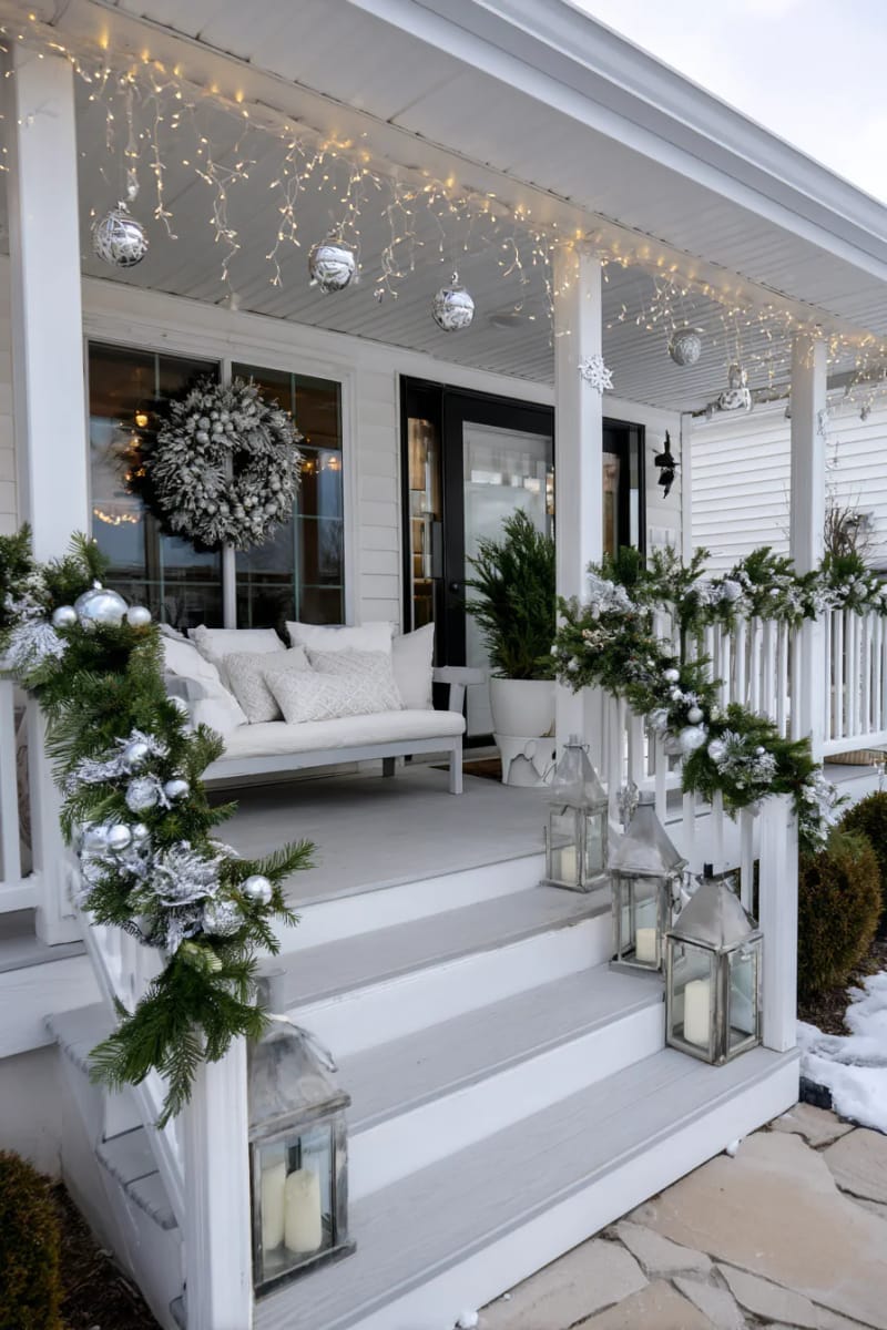 monochrome white porch lights mixed with silver ornaments and wreath 1