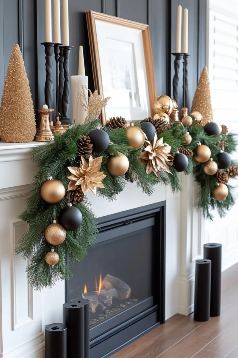 29 Stylish Christmas Mantle Decor Ideas to Inspire Your Home 22 moody cashmere garland with black candlesticks and gold accents 1