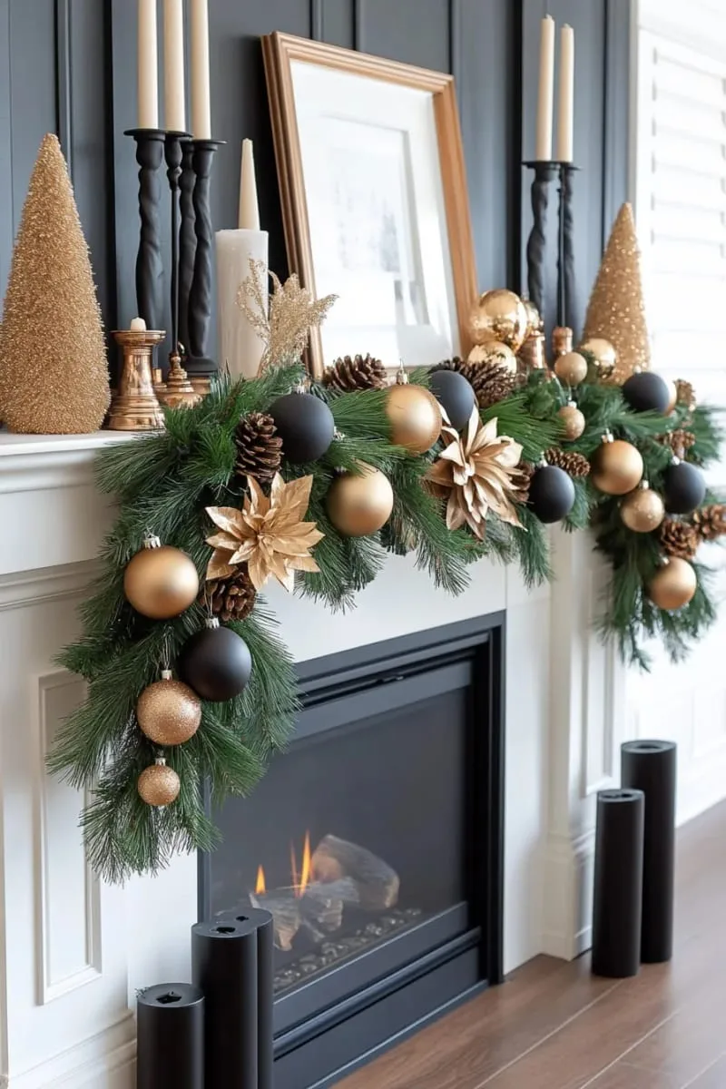 moody cashmere garland with black candlesticks and gold accents 1