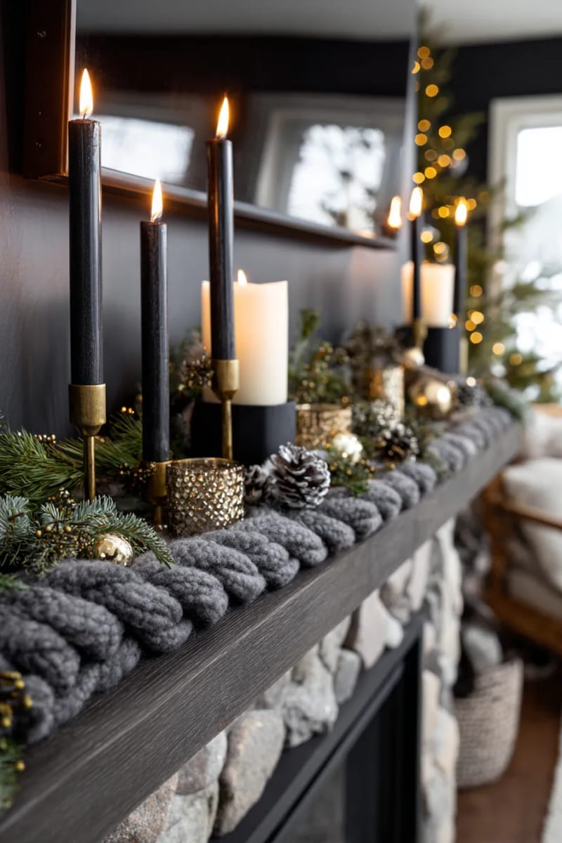 29 Stylish Christmas Mantle Decor Ideas to Inspire Your Home 23 moody cashmere garland with black candlesticks and gold accents 1