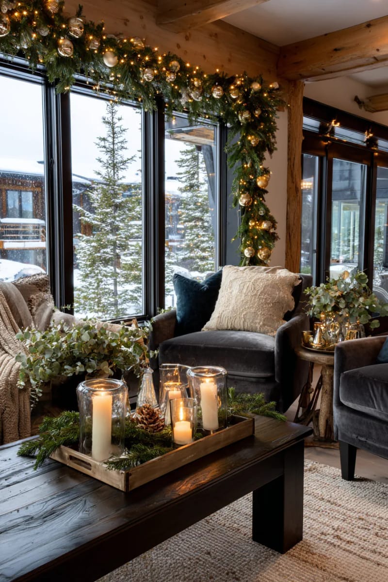 moody evergreen garland with eucalyptus and gold baubles framing a window 1