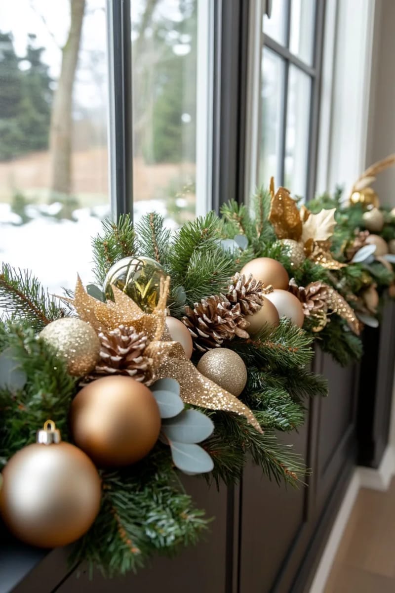 moody evergreen garland with eucalyptus and gold baubles framing a window 1