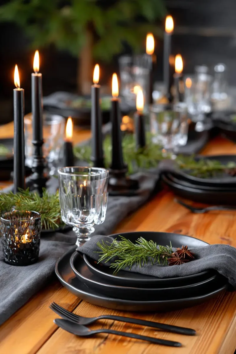 moody winter tablescape with black candles and cedar sprigs 1