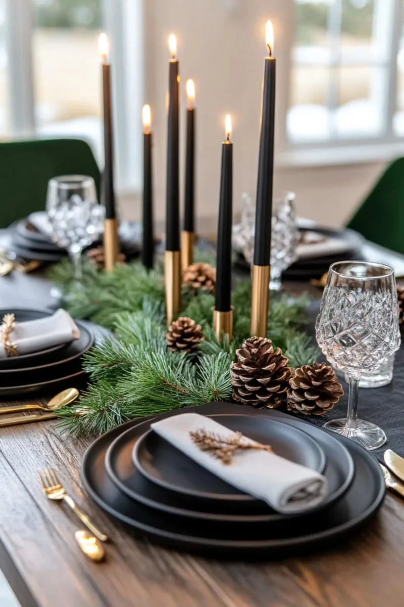 moody winter tablescape with black candles and cedar sprigs 1
