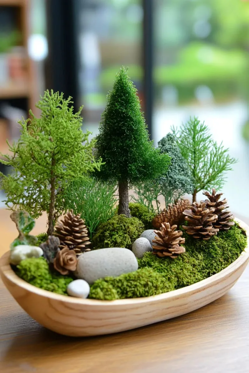 moss-covered tabletop forest with miniature wooden trees 1
