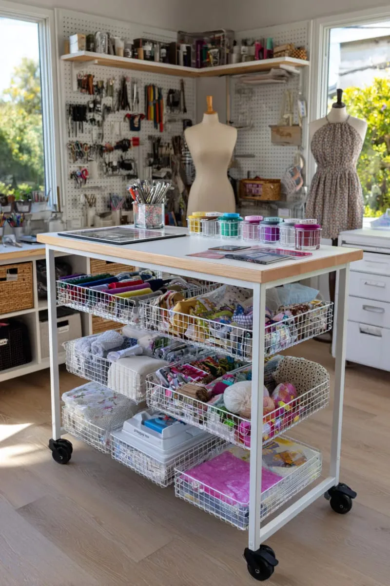 15 Sewing Room Organization Ideas to Declutter and Inspire Creativity 46 multi-tiered rolling cart for project-in-progress and tool organization 1