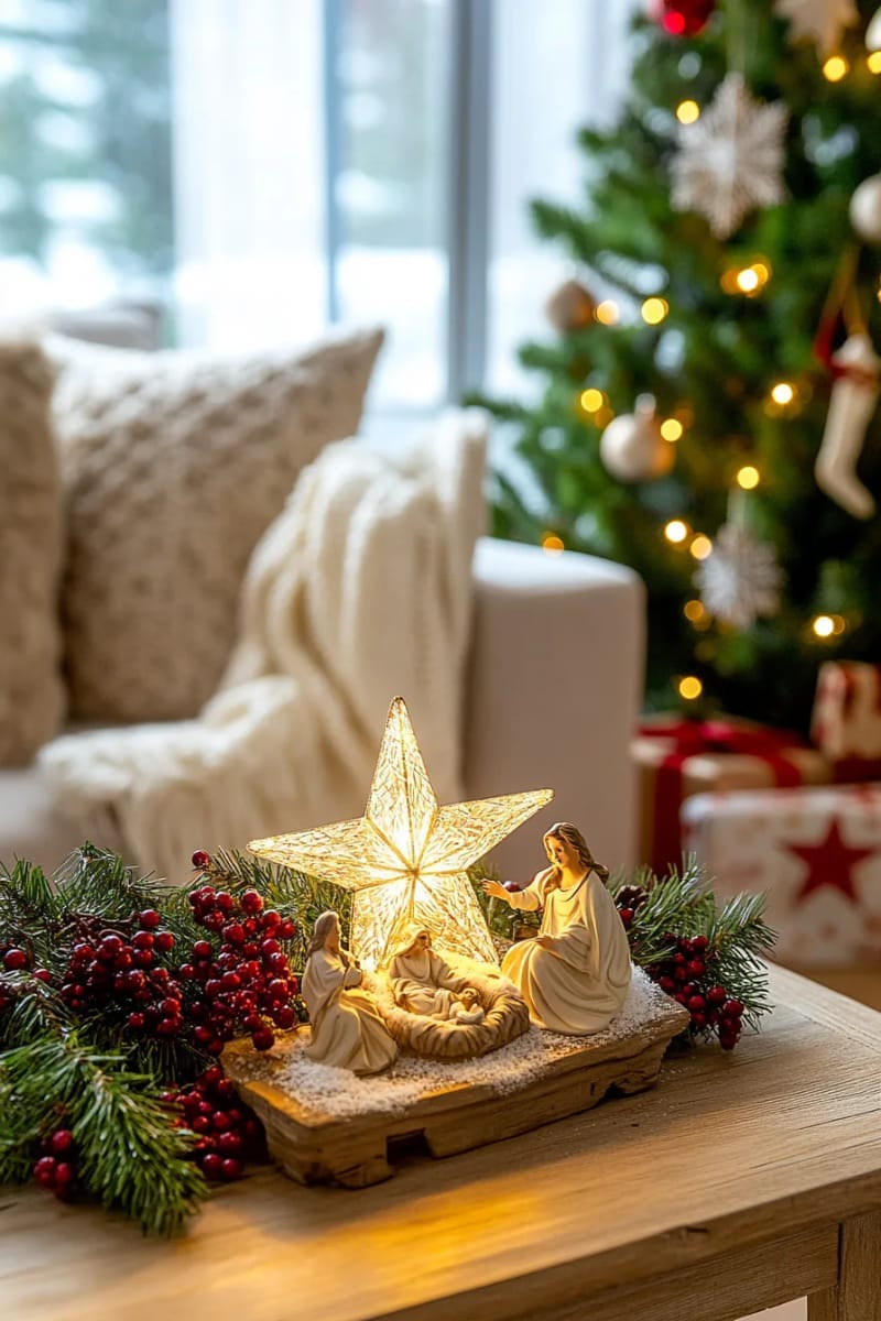 nativity scene nestled under twinkling stars and glowing string lights 1