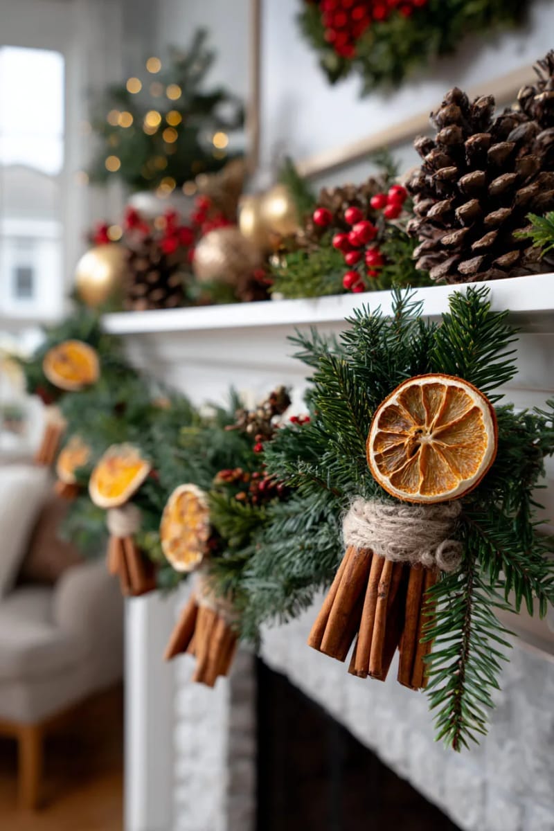 natural dried orange slice garland with sprigs of fir and cinnamon 1