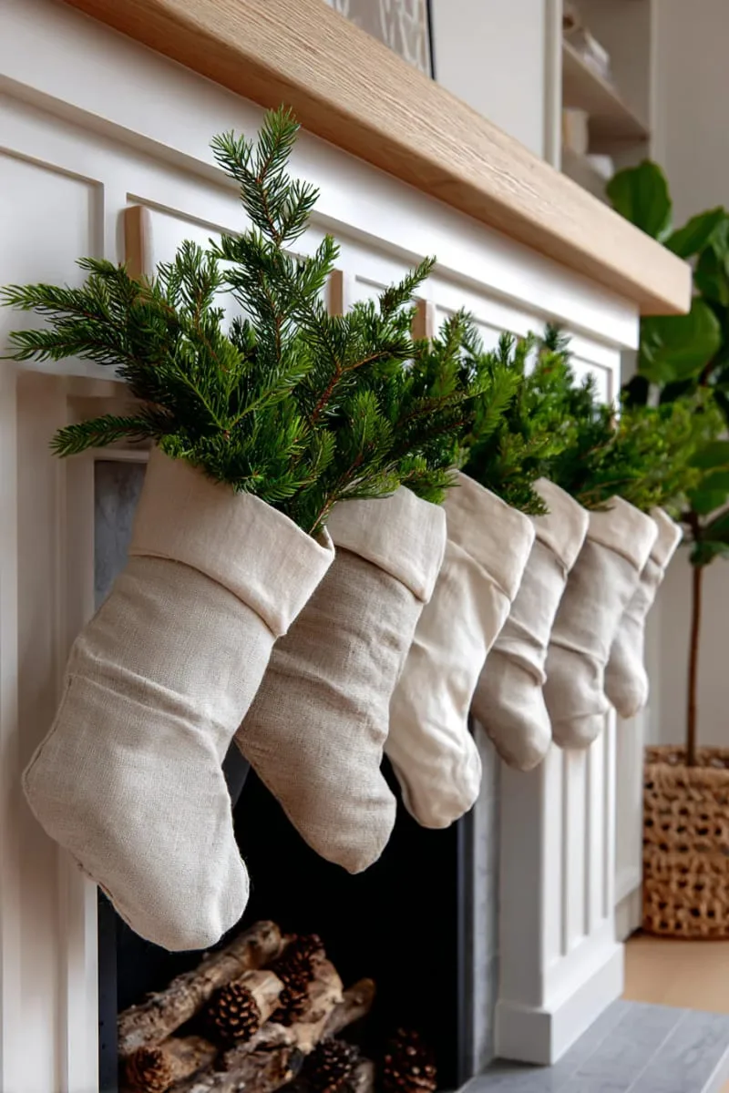 natural linen stockings with pine sprigs hanging from fireplace 1