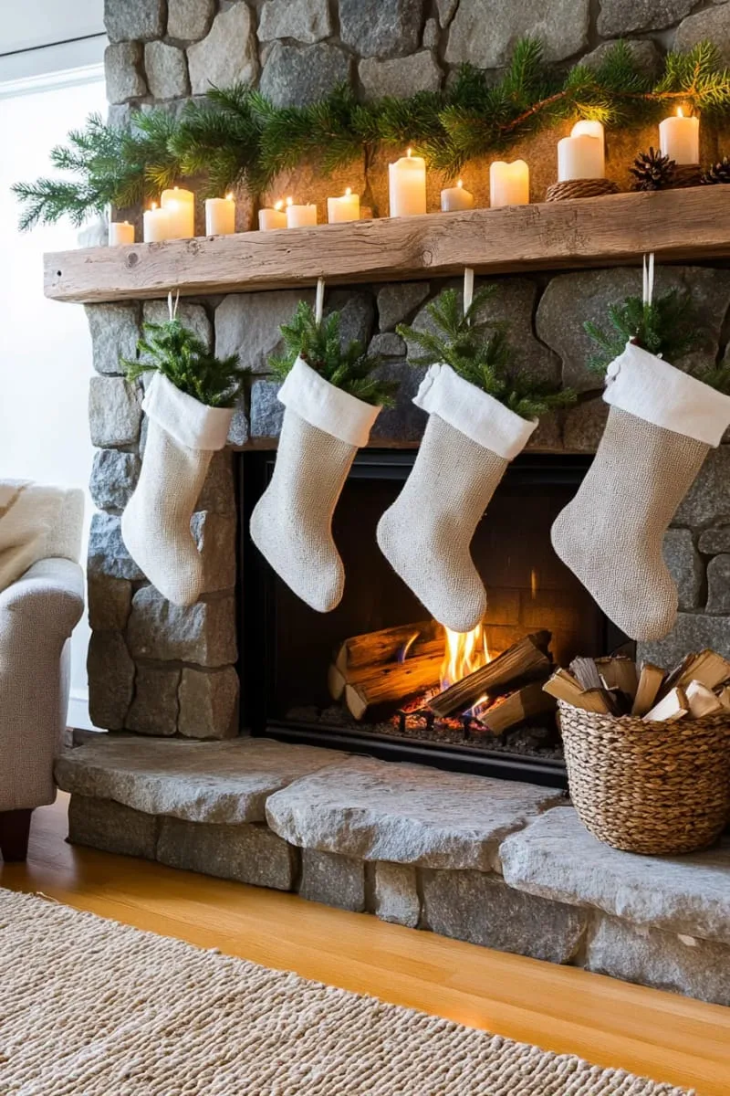 natural linen stockings with pine sprigs hanging from fireplace 1