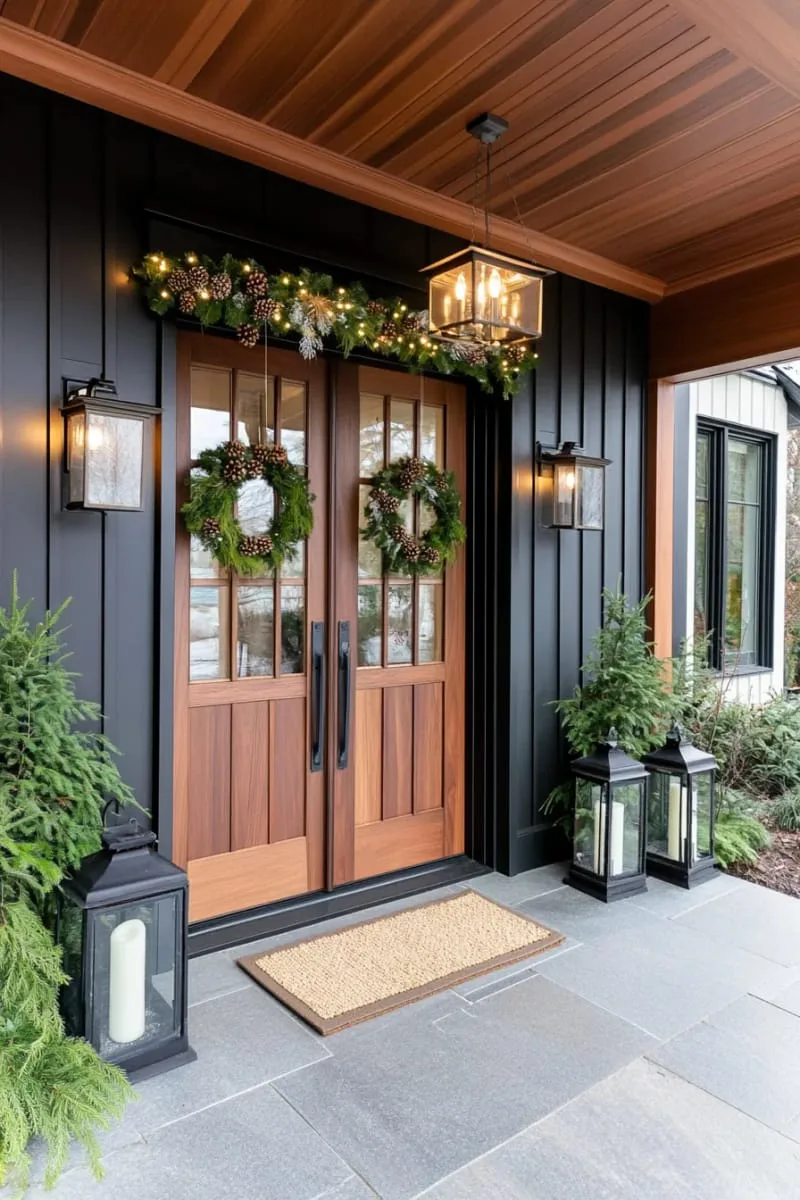 23 Exterior Christmas Decor Ideas Guests Will Remember All Season Long 36 natural pinecone garlands mixed with eucalyptus and soft white lights above door 1