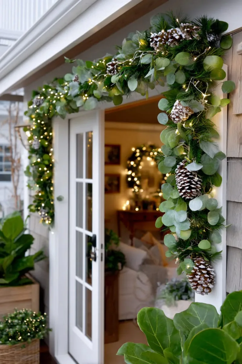 23 Exterior Christmas Decor Ideas Guests Will Remember All Season Long 37 natural pinecone garlands mixed with eucalyptus and soft white lights above door 1
