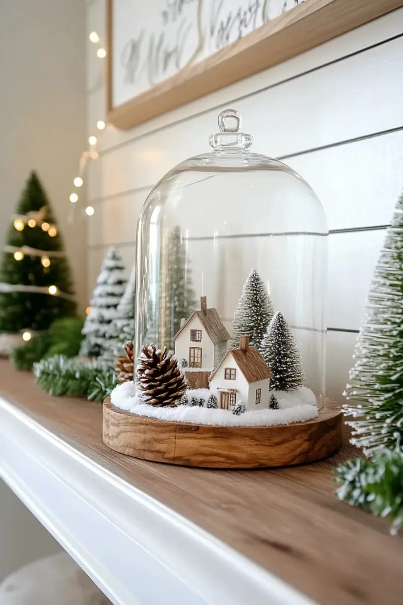 25 Creative Christmas Shelf Decor Ideas Trending This Year 25 natural wood shelf lined with snowy pinecones and glass cloche snow scene 1