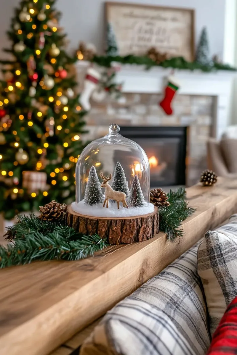 natural wood shelf lined with snowy pinecones and glass cloche snow scene 1