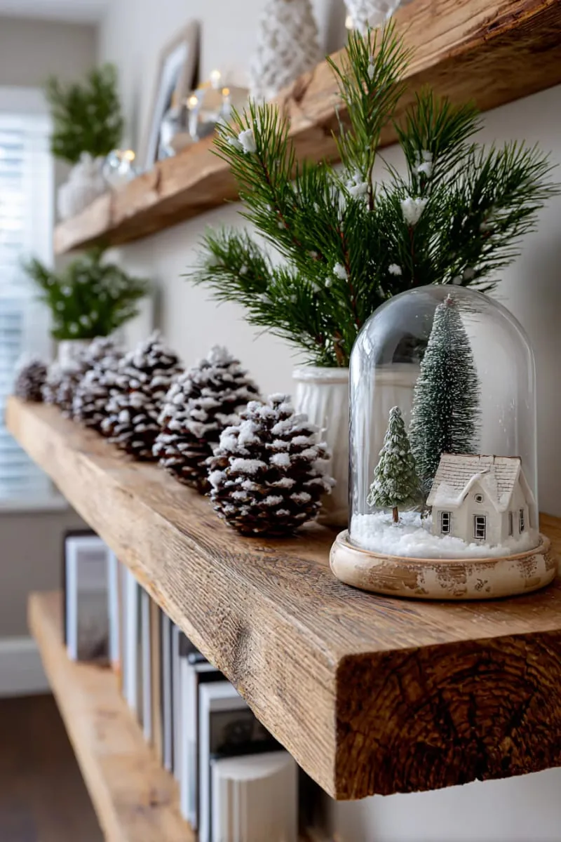 natural wood shelf lined with snowy pinecones and glass cloche snow scene 1
