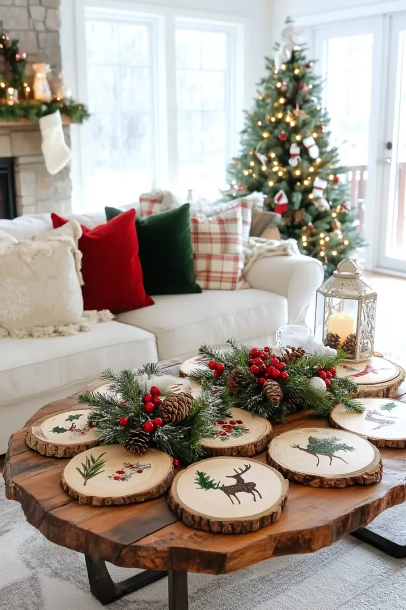 natural wood slice coasters with hand-painted christmas motifs 1