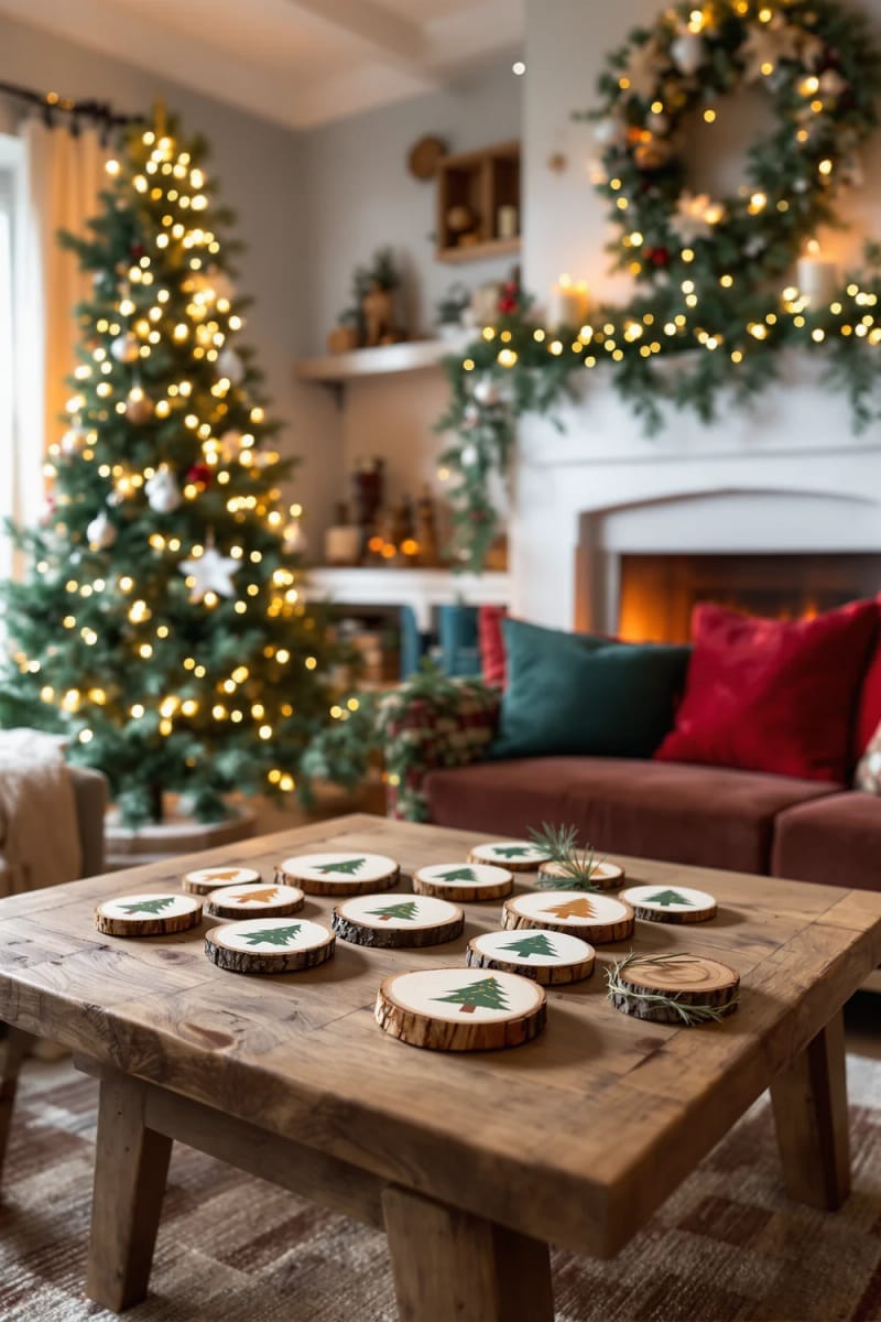 natural wood slice coasters with painted christmas tree motifs 1