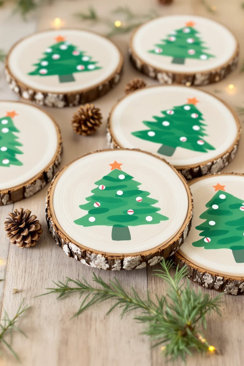 natural wood slice coasters with painted christmas tree motifs 1