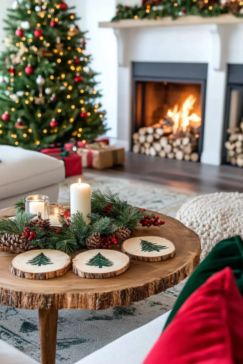 natural wood slice coasters with painted christmas tree motifs 1