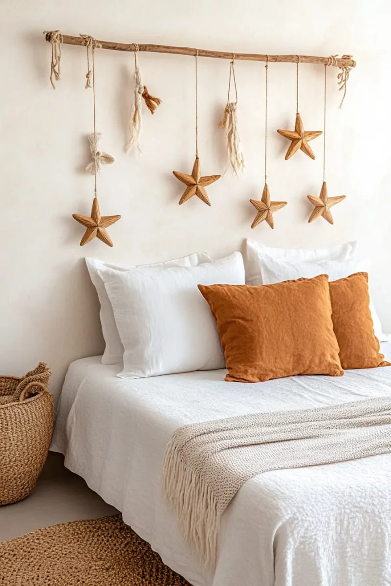 29 Simple Christmas Decor Ideas for a Beautiful Holiday Season 51 natural wood stars hanging above a bed or sofa 1
