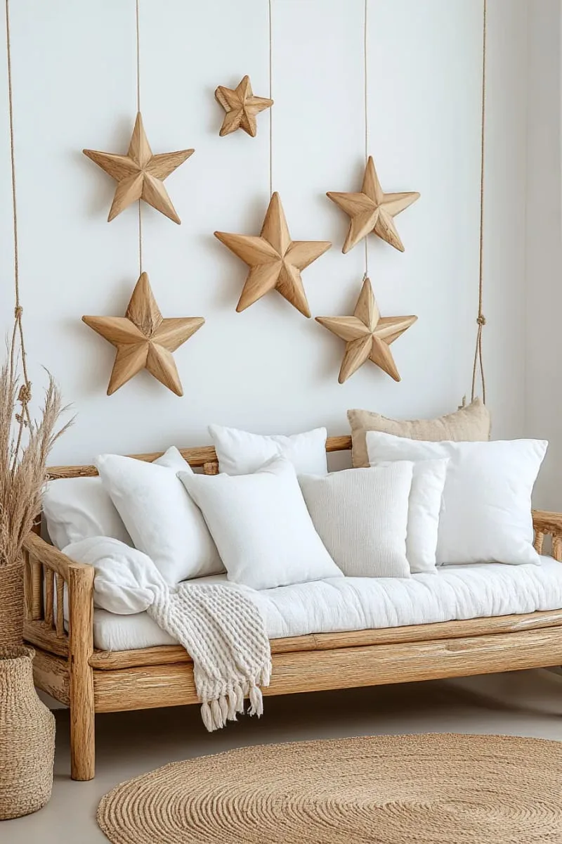 29 Simple Christmas Decor Ideas for a Beautiful Holiday Season 52 natural wood stars hanging above a bed or sofa 1