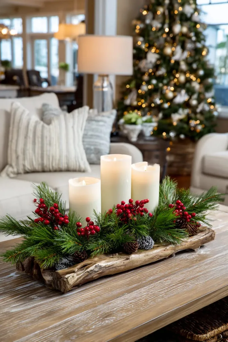 nature-inspired centerpiece with pine branches, candles, and cranberries 1