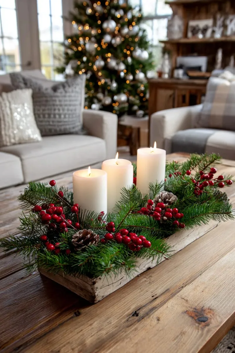 nature-inspired centerpiece with pine branches, candles, and cranberries 1