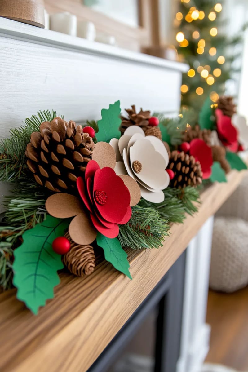 nature-inspired pinecone and holly garland with 3d paper textures 1