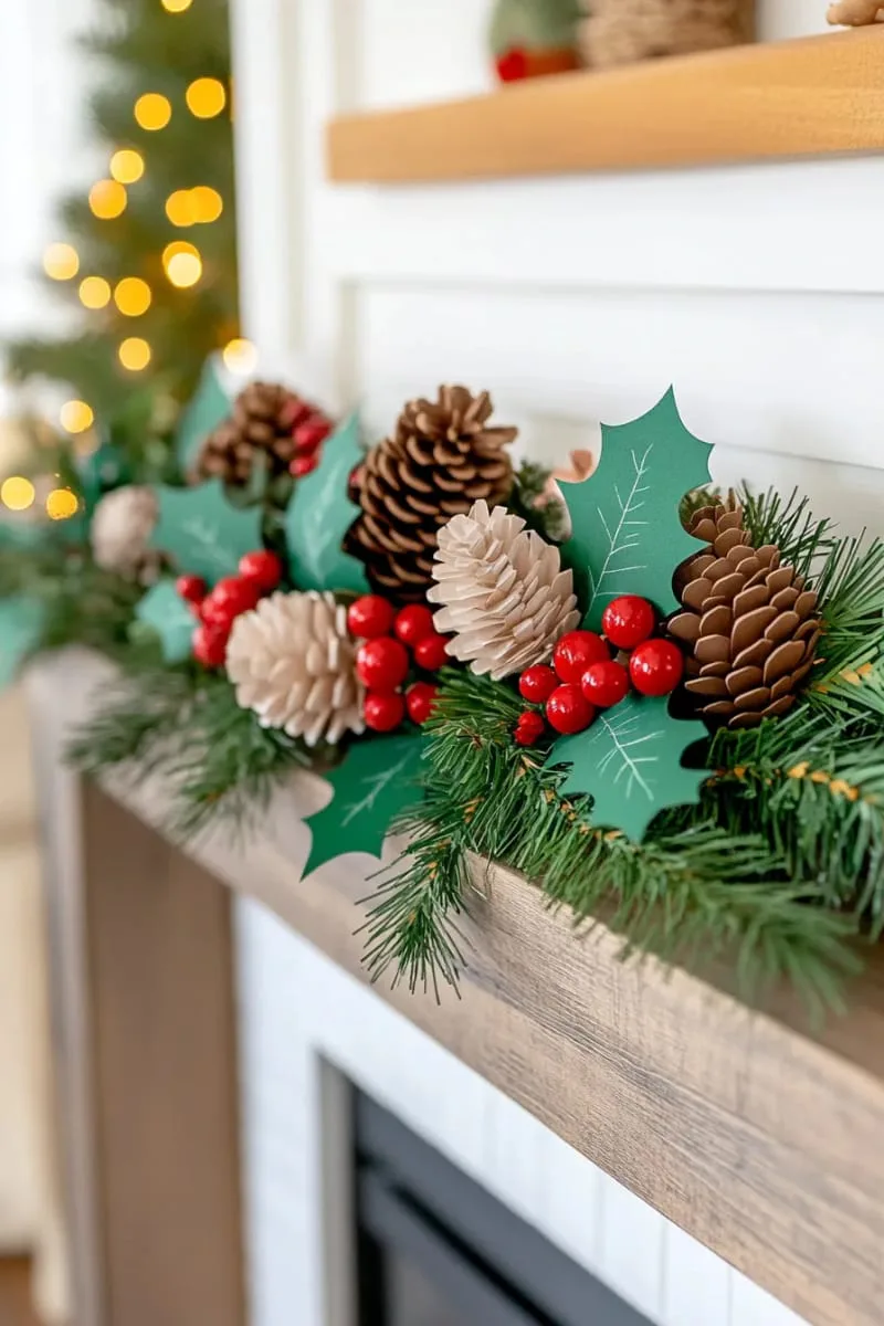 nature-inspired pinecone and holly garland with 3d paper textures 1