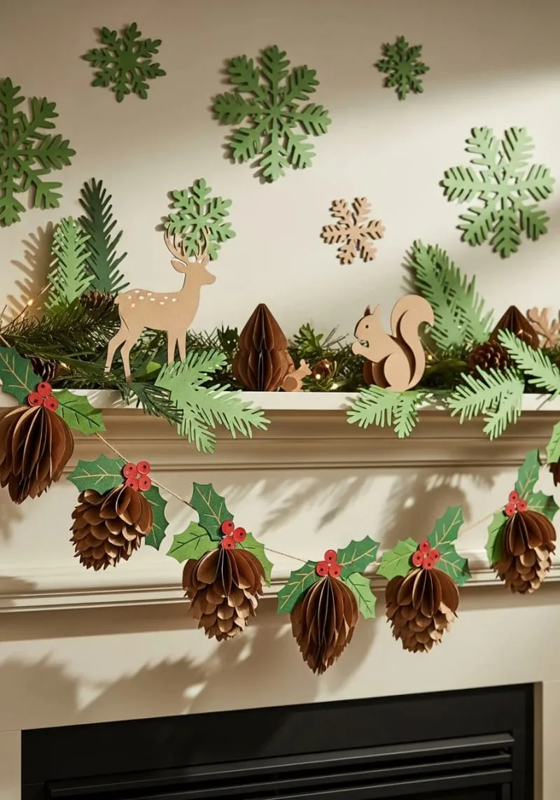 nature-inspired pinecone and holly garland with 3d paper textures 1