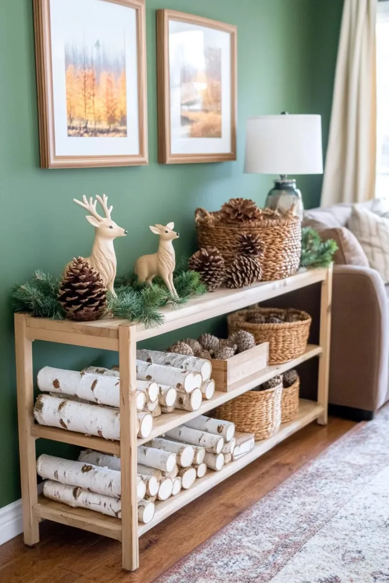 nature-inspired shelf with birch logs, pinecones, and miniature deer figurines 1