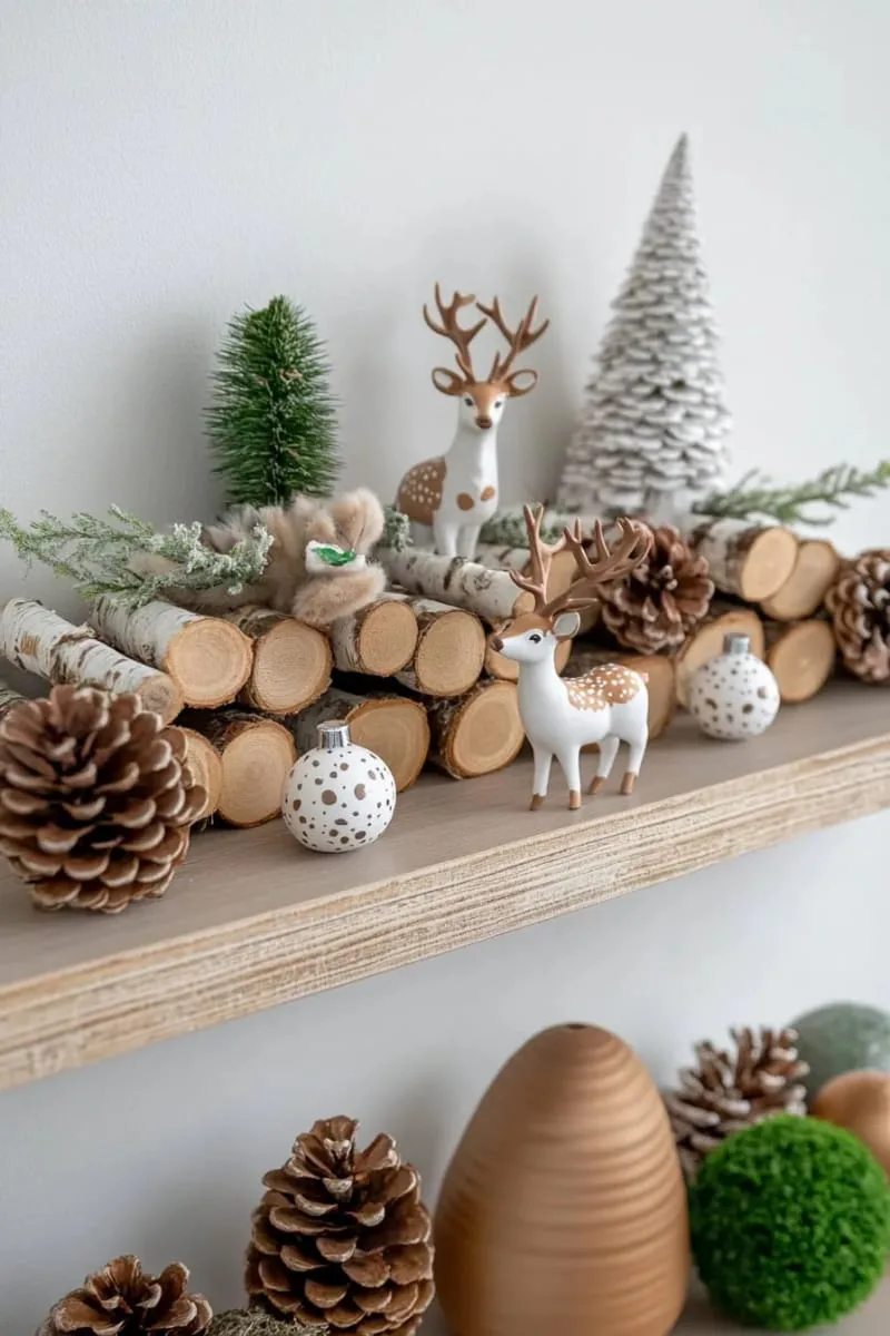 nature-inspired shelf with birch logs, pinecones, and miniature deer figurines 1