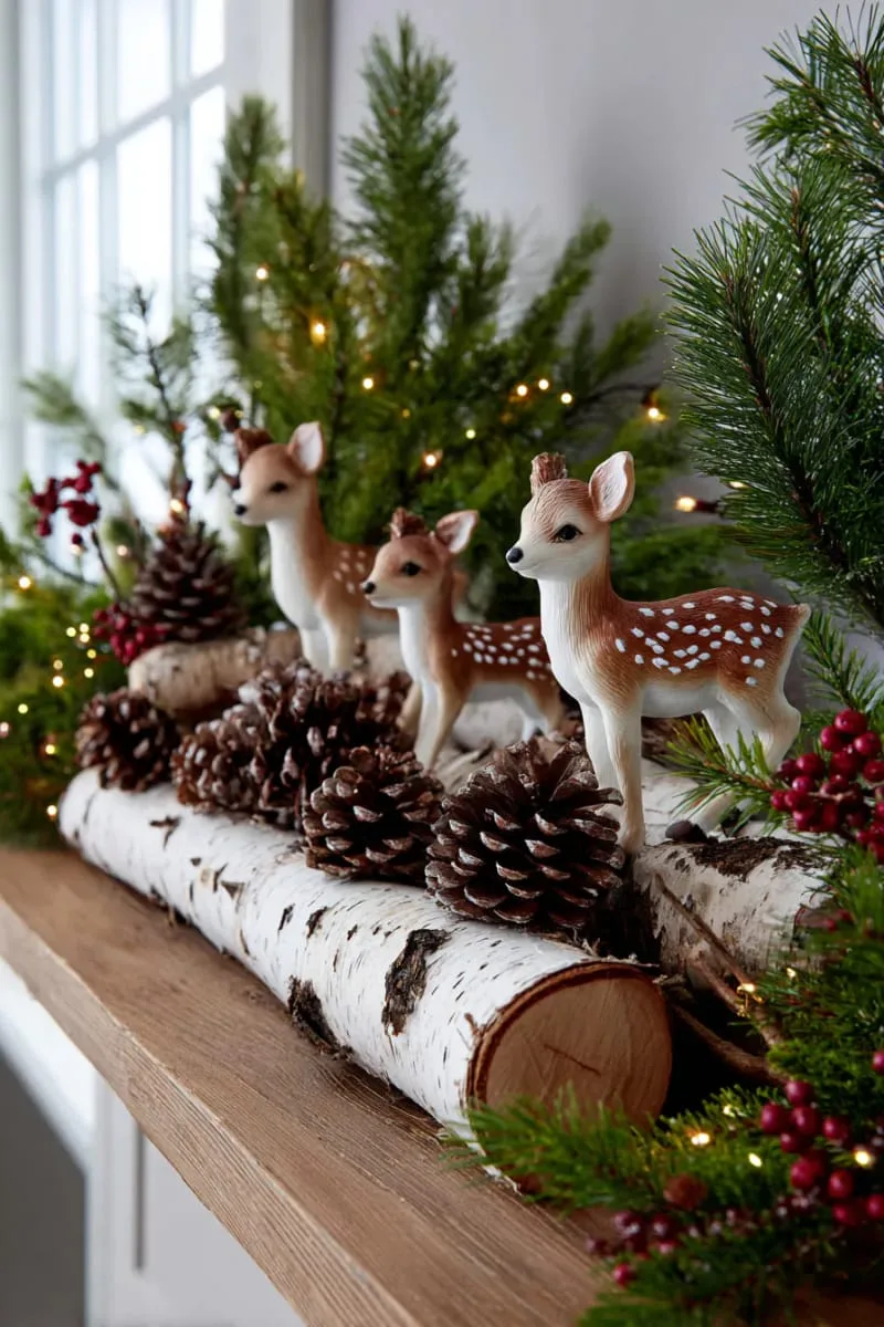 nature-inspired shelf with birch logs, pinecones, and miniature deer figurines 1