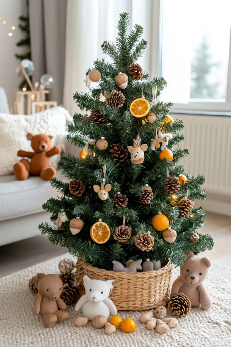 23 Kids Christmas Tree Ideas Full of Color, Whimsy, and Holiday Cheer 46 nature-inspired tree decorated with pinecones, acorns, and dried citrus slices 1