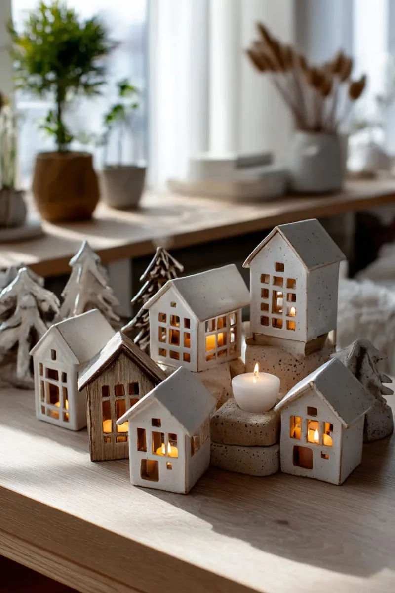 29 Simple Christmas Decor Ideas for a Beautiful Holiday Season 38 neutral ceramic houses with tea lights for a cozy village 1