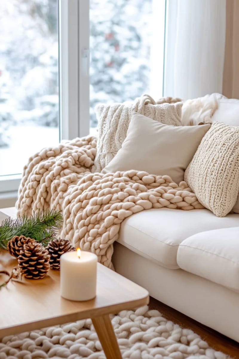 25 New Gorgeous White Christmas Decor Ideas That Wow 50 neutral chunky knit throw blankets draped over snowy couches 1