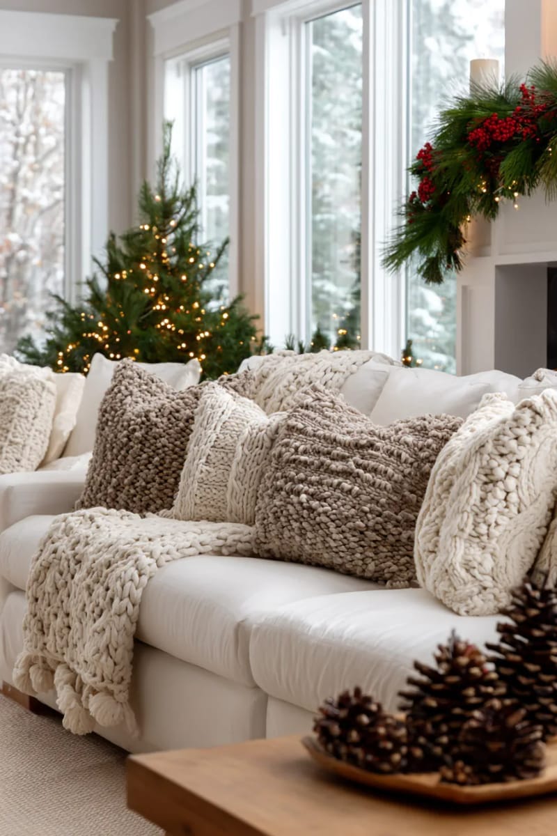 25 New Gorgeous White Christmas Decor Ideas That Wow 51 neutral chunky knit throw blankets draped over snowy couches 1