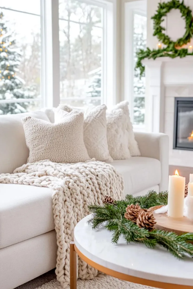 25 New Gorgeous White Christmas Decor Ideas That Wow 51 neutral chunky knit throw blankets draped over snowy couches 1