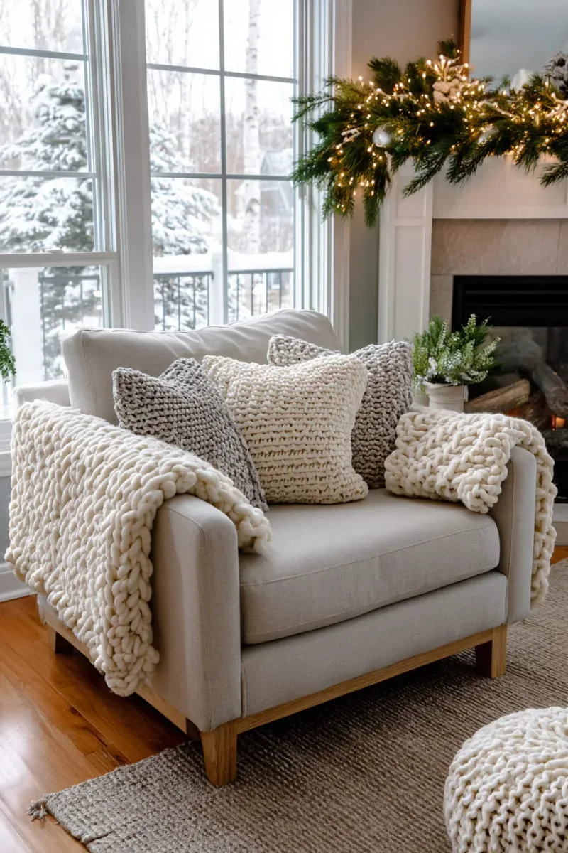 neutral knit throw pillows and chunky blankets layered on armchairs 1