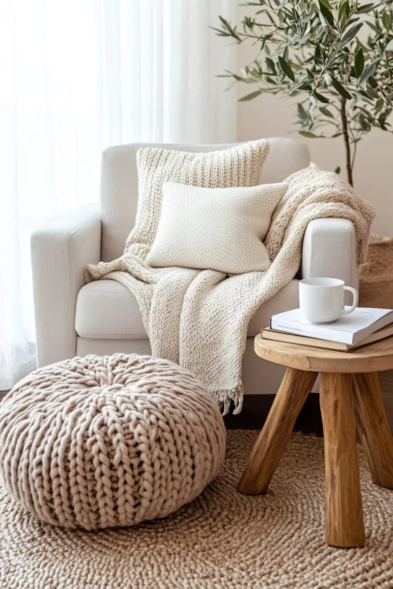 neutral knit throw pillows and chunky blankets layered on armchairs 1