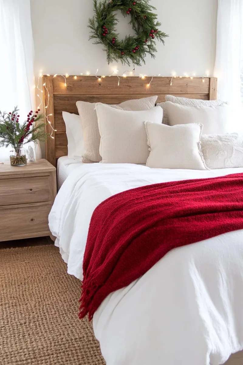 neutral linen bedding accented with festive cranberry red throw 1