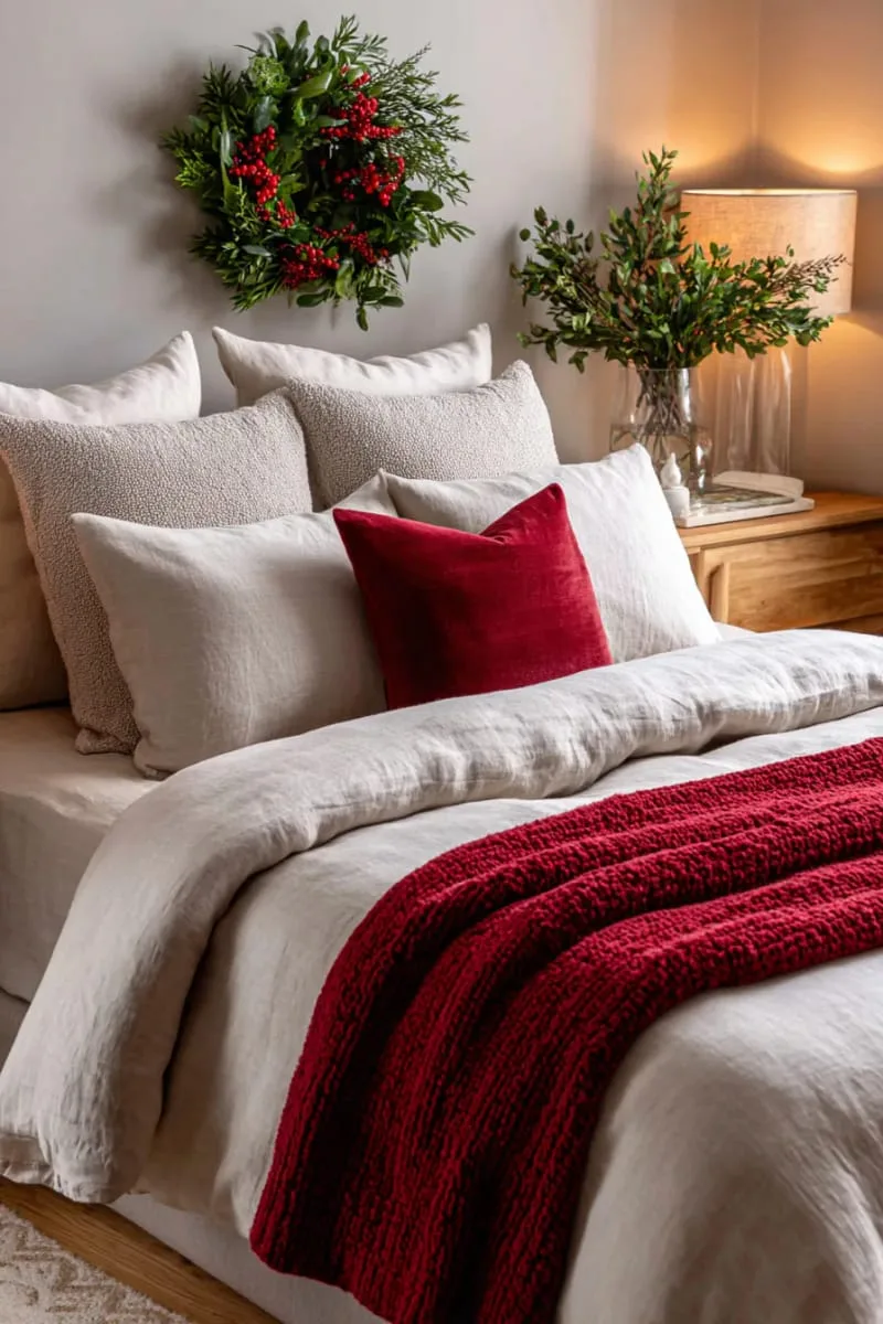 neutral linen bedding accented with festive cranberry red throw 1