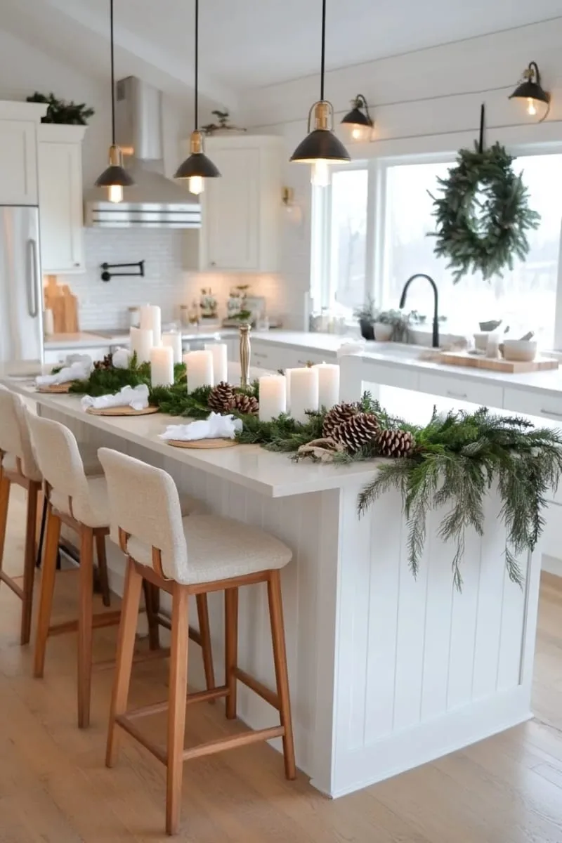 neutral palette: eucalyptus branches, white candles, pinecones on a kitchen island 1