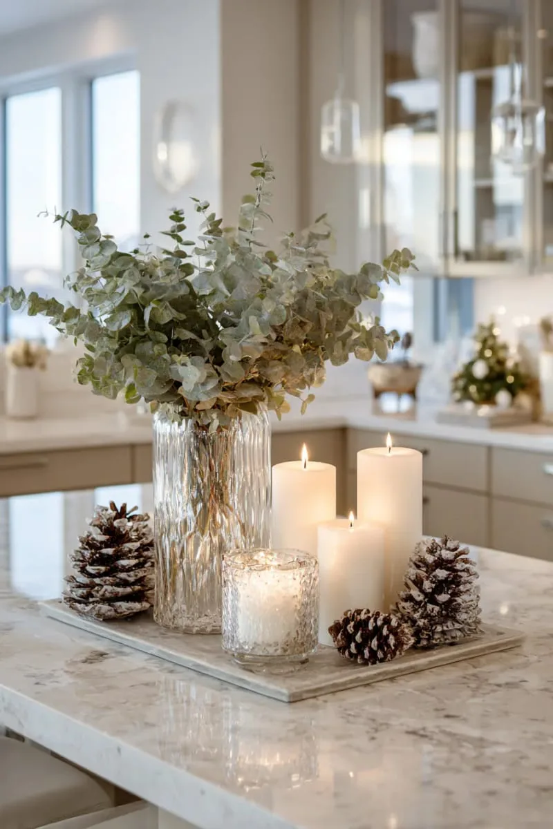 neutral palette: eucalyptus branches, white candles, pinecones on a kitchen island 1