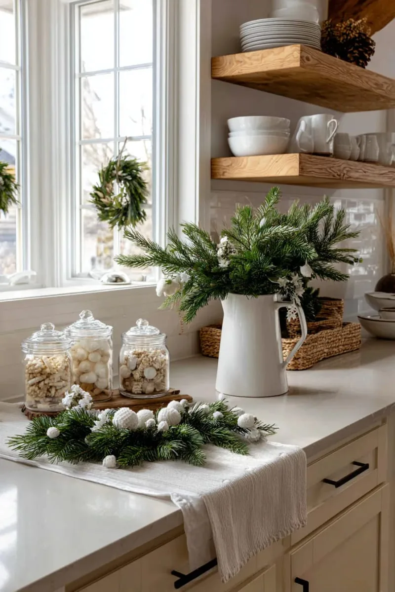29 Creative Christmas Kitchen Decor Ideas You'll Absolutely Love 63 neutral palette with white ornaments and pine sprigs 1