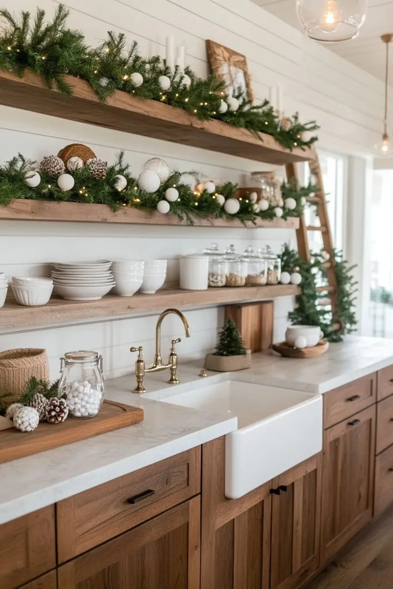 29 Creative Christmas Kitchen Decor Ideas You'll Absolutely Love 64 neutral palette with white ornaments and pine sprigs 1